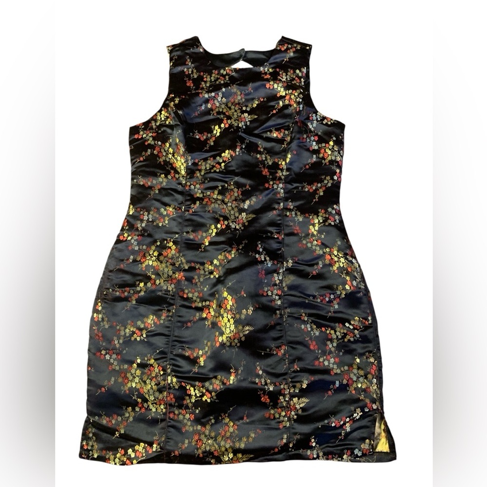 Vintage 90s Suzy Shier Floral Satin Cheongsam Qipao Mini Dress Black XL